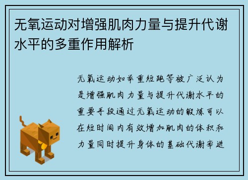 无氧运动对增强肌肉力量与提升代谢水平的多重作用解析