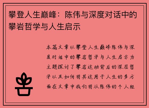 攀登人生巅峰：陈伟与深度对话中的攀岩哲学与人生启示